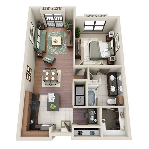 A 3D floor plan of a small apartment with a living room, kitchen, and bathroom.